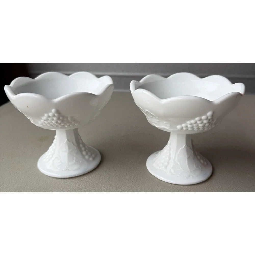 2 Indiana Colony Harvest White‎ Milk Glass Grape Design Candlestick Holder